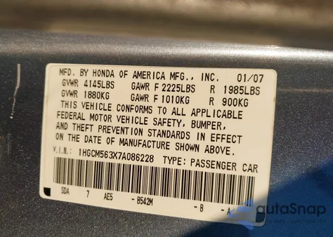 2007 Honda Accord Se z USA, uszkodzony, nr VIN 1HGCM563X7A086228